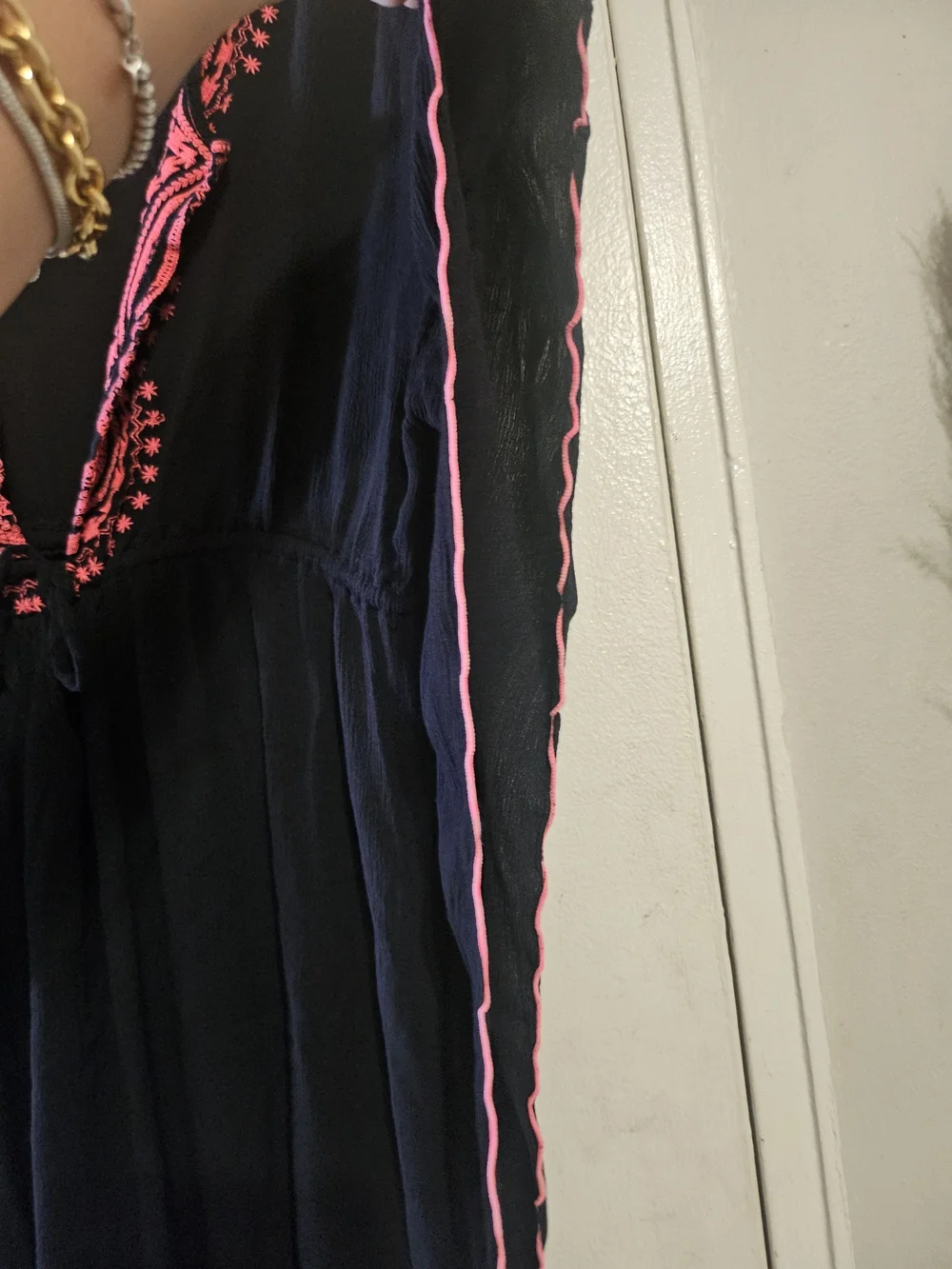 Black Tunic Cover-Up with Neon Pink Embroidery